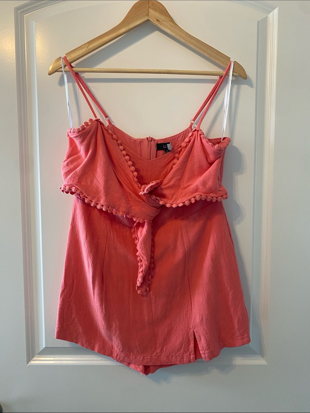 Women's Coral Pom-Trim Spaghetti Strap Top Romper